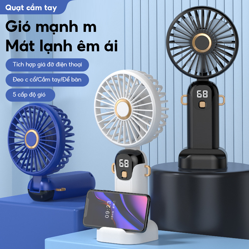 Quạt Cầm Tay Tích Điện Dung Lượng Pin Khủng ,màn hình Led Thông Minh , 5 cấp độ gió, Thiết Kế Đơn Giản Tiện Dụng