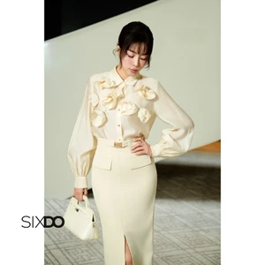 Áo somi nữ tơ dài tay phối hoa 3D SIXDO (Beige Organza Shirt)