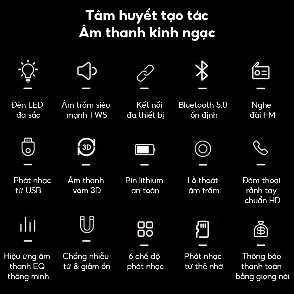Loa Bluetooth Siêu Trầm 360 Độ Âm Thanh Vòm Bass Mạnh Có Đèn Nhiều Màu âm thanh cực đã