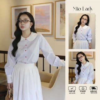 Áo sơ mi nữ kẻ sọc cổ sen, khuy đỏ, vải thô kate tay bồng nhẹ Mio Lady AO022