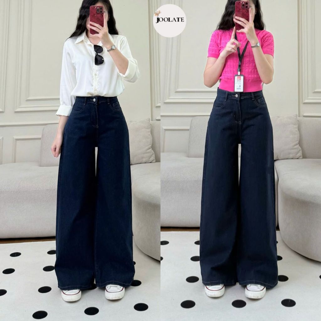 Quần Jeans Mềm Ống Rộng Màu Xanh Đậm Viền Chỉ Nổi Cạp cao Joolate