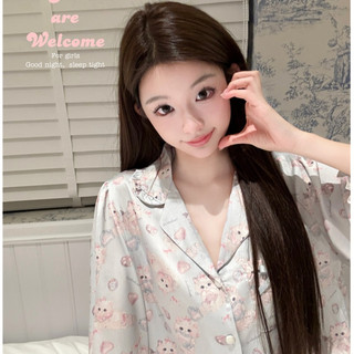 B126 ( Tặng buộc tóc) Bộ đồ ngủ dài tay họa tiết mèo con dễ thương chất liệu lụa từ Phương Linh Underwear