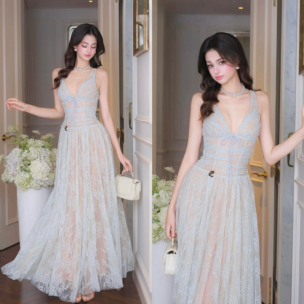 Đầm maxi ren 2 dây cổ Vê xoè sang trọng