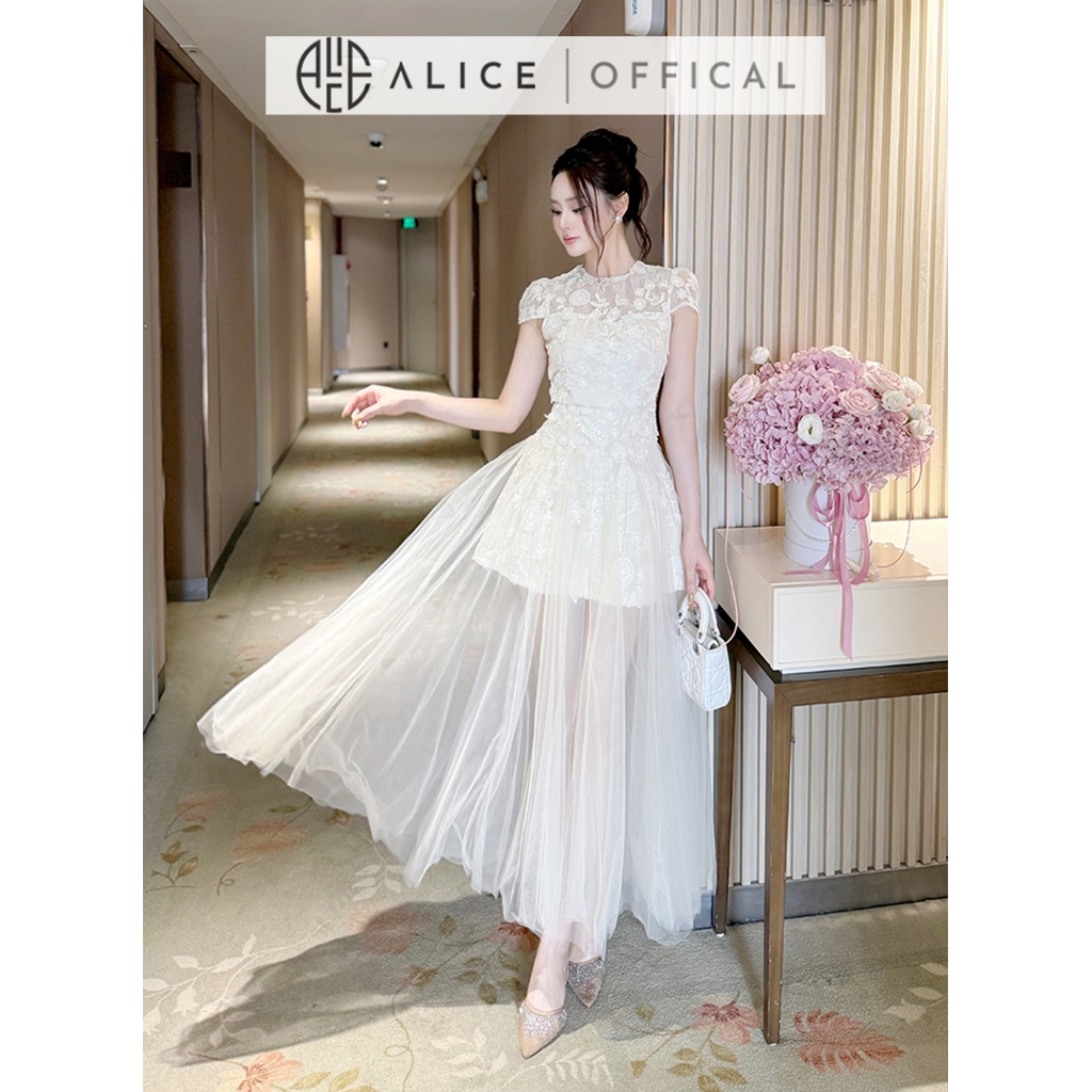 Váy Dự Tiệc Cao Cấp Chất Ren Phối Lưới Alice, Đầm Dài Maxi Cổ Tròn Ngắn Tay, Váy Chiết Eo Tay Hến Tôn Dáng V1417