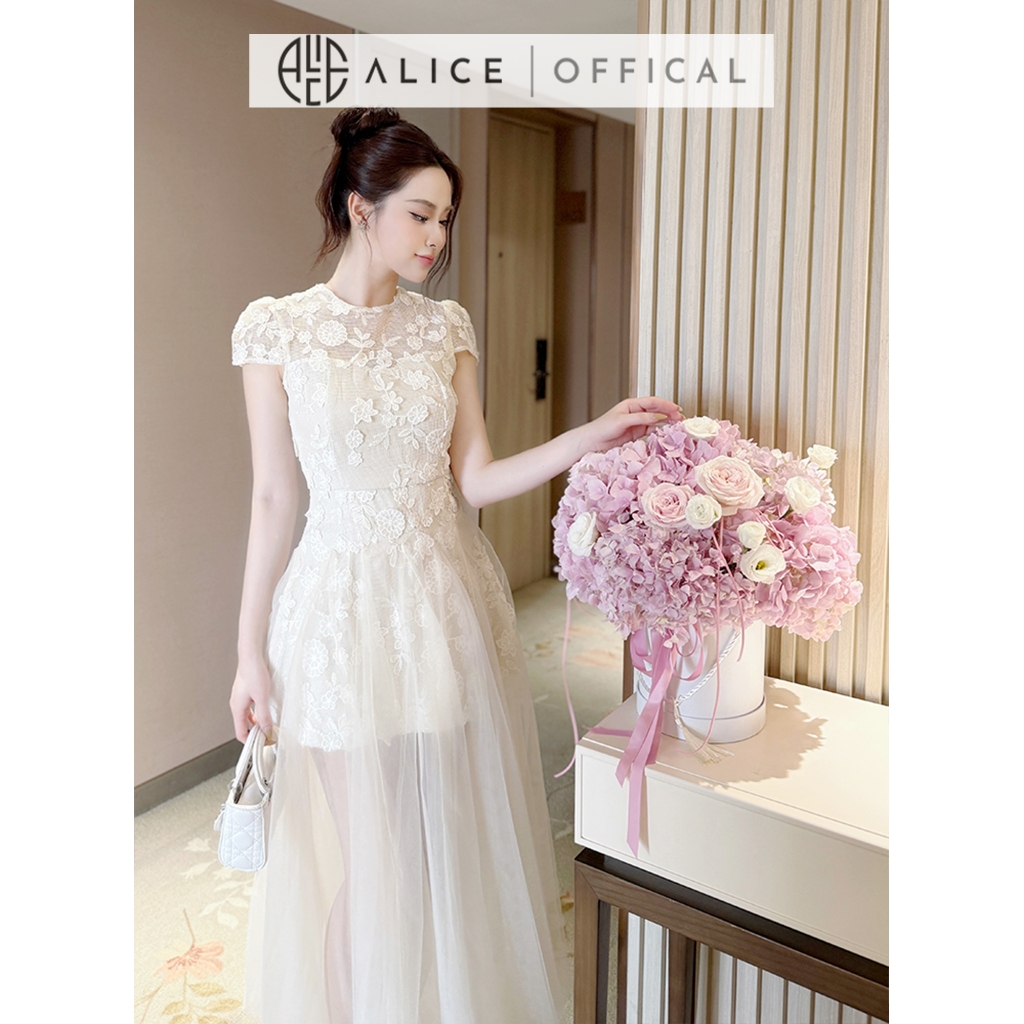 Váy Dự Tiệc Cao Cấp Chất Ren Phối Lưới Alice, Đầm Dài Maxi Cổ Tròn Ngắn Tay, Váy Chiết Eo Tay Hến Tôn Dáng V1417