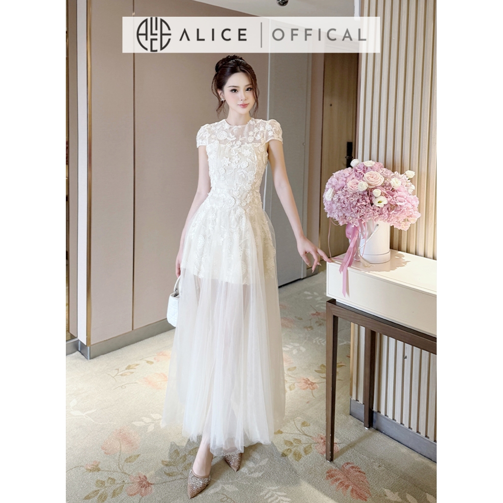 Váy Dự Tiệc Cao Cấp Chất Ren Phối Lưới Alice, Đầm Dài Maxi Cổ Tròn Ngắn Tay, Váy Chiết Eo Tay Hến Tôn Dáng V1417