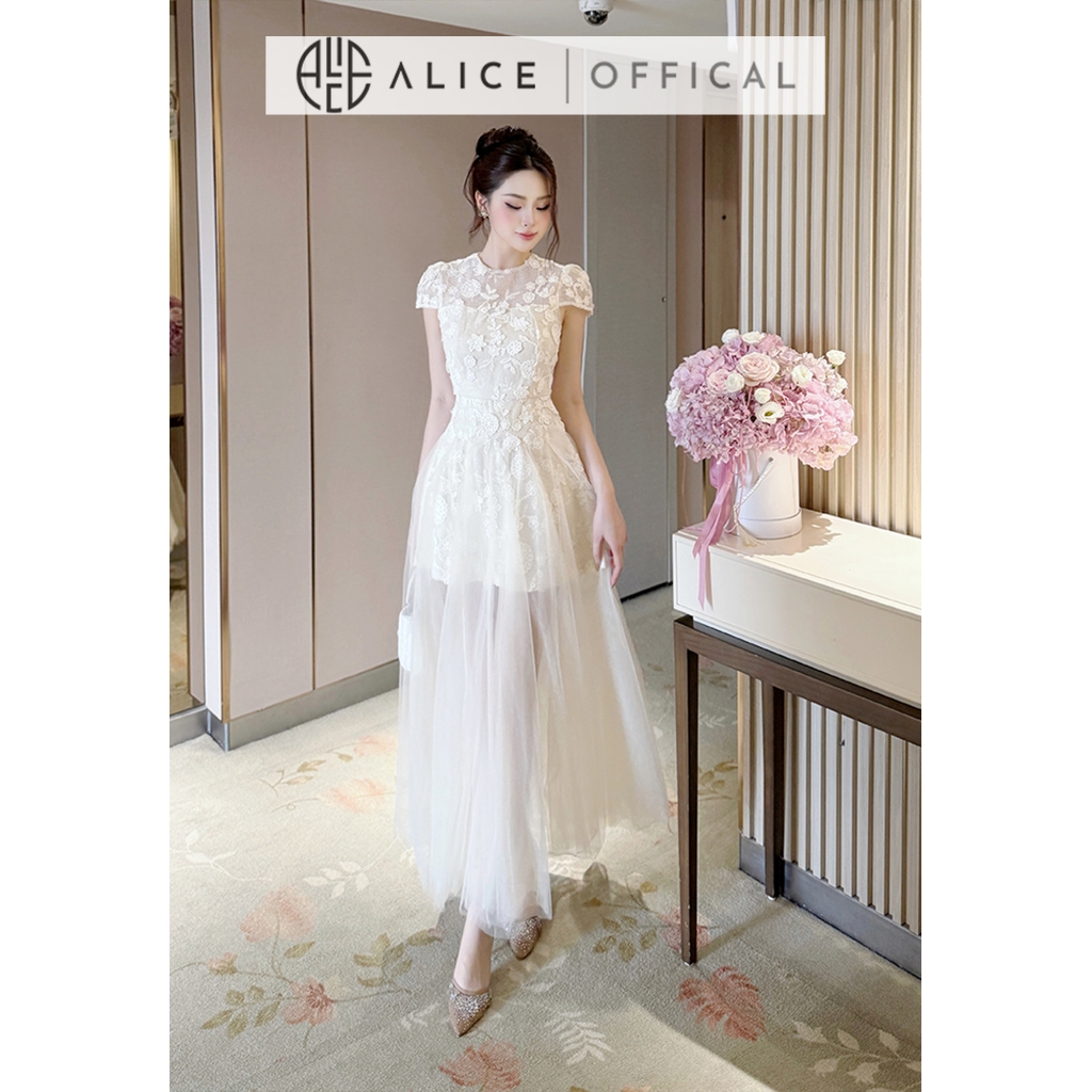 Váy Dự Tiệc Cao Cấp Chất Ren Phối Lưới Alice, Đầm Dài Maxi Cổ Tròn Ngắn Tay, Váy Chiết Eo Tay Hến Tôn Dáng V1417