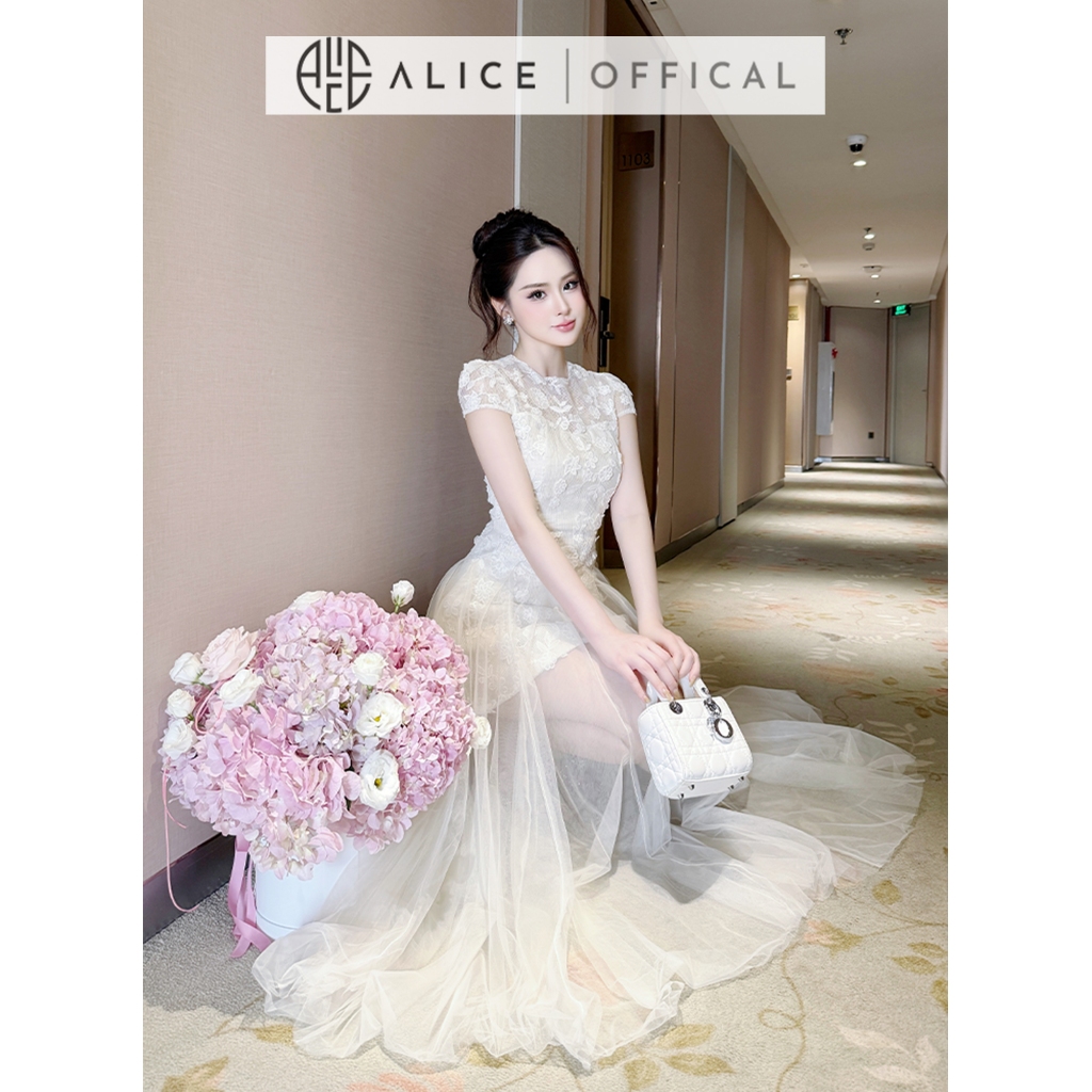 Váy Dự Tiệc Cao Cấp Chất Ren Phối Lưới Alice, Đầm Dài Maxi Cổ Tròn Ngắn Tay, Váy Chiết Eo Tay Hến Tôn Dáng V1417