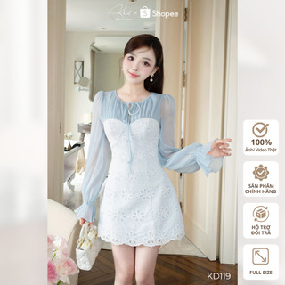 Đầm tay bồng Khiết Style tơ xanh phối ren hoa trắng cột nơ xinh xắn, phong cách tiểu thư ngọt ngào KD119