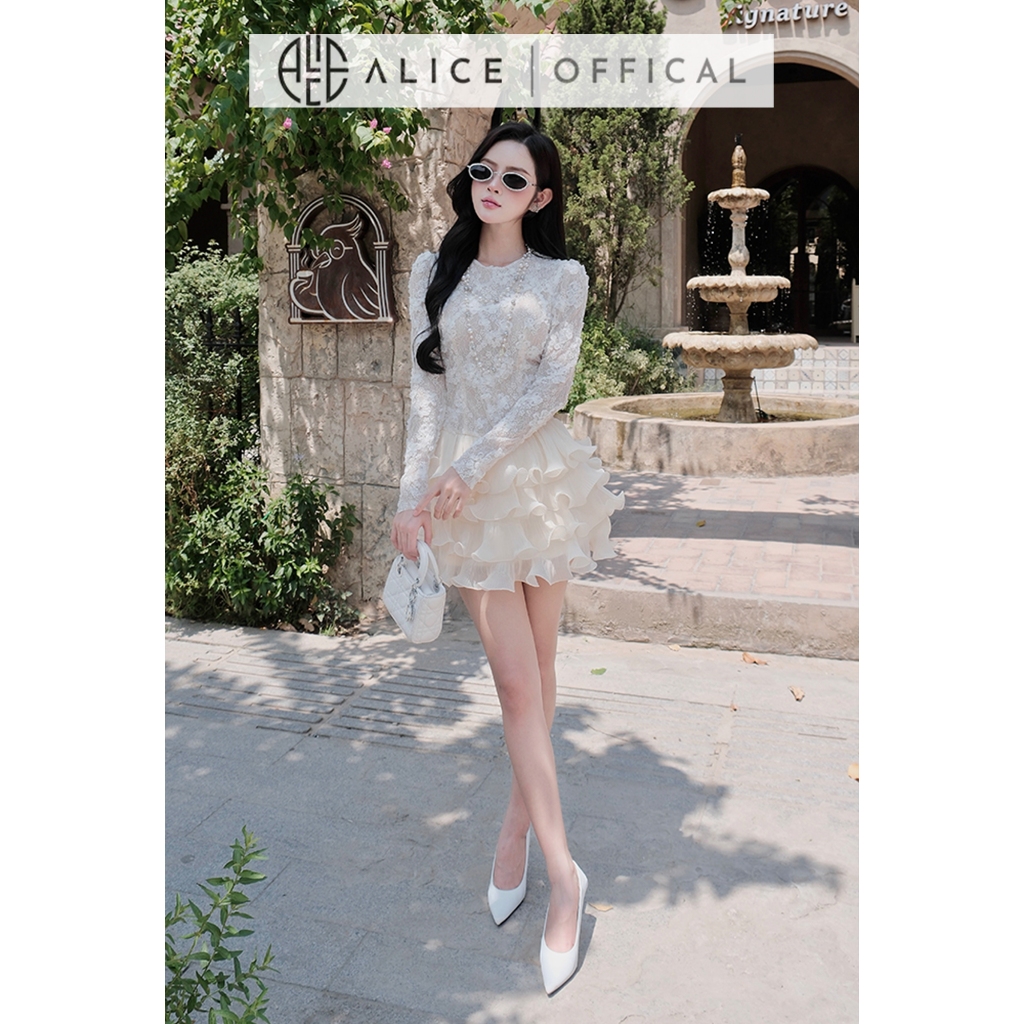 Váy Dự Tiệc Chất Ren Hoa Cao Cấp Alice, Đầm Ngắn Dập Ly Ôm Eo Cổ Tròn Đính Đá Sang Trọng T96