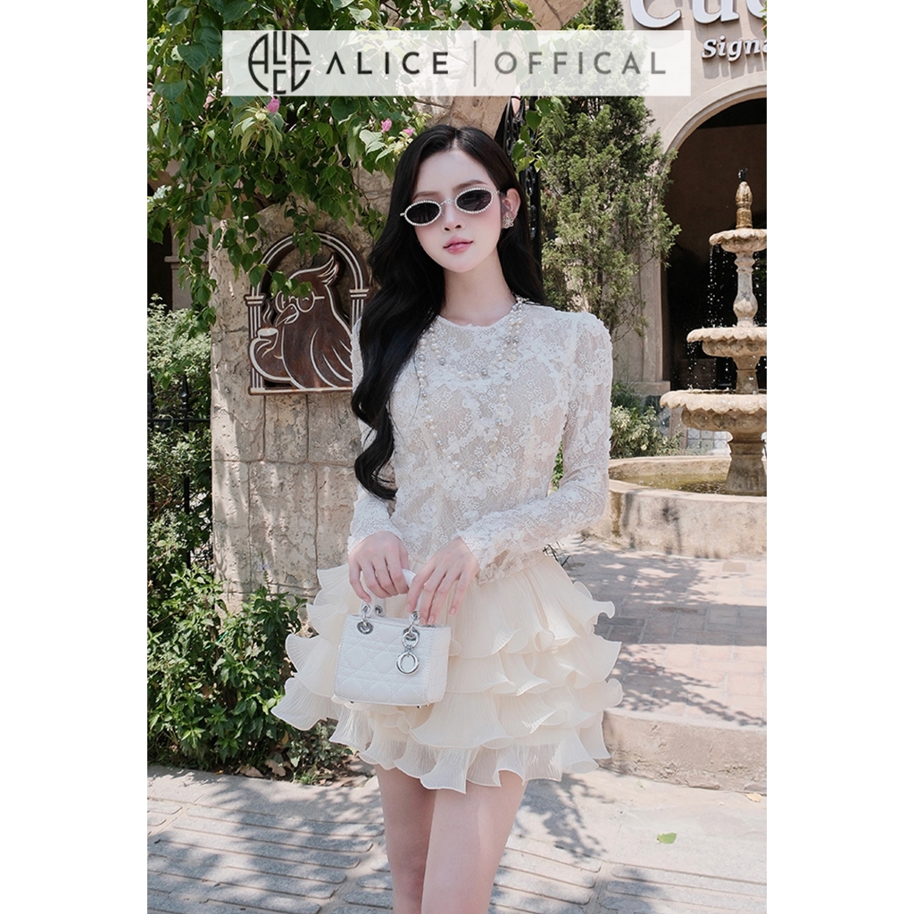 Váy Dự Tiệc Chất Ren Hoa Cao Cấp Alice, Đầm Ngắn Dập Ly Ôm Eo Cổ Tròn Đính Đá Sang Trọng T96