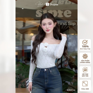 Áo tay dài Khiết Style trễ vai ôm body trắng kèm 2 hoa cài rời trẻ trung năng động KA104