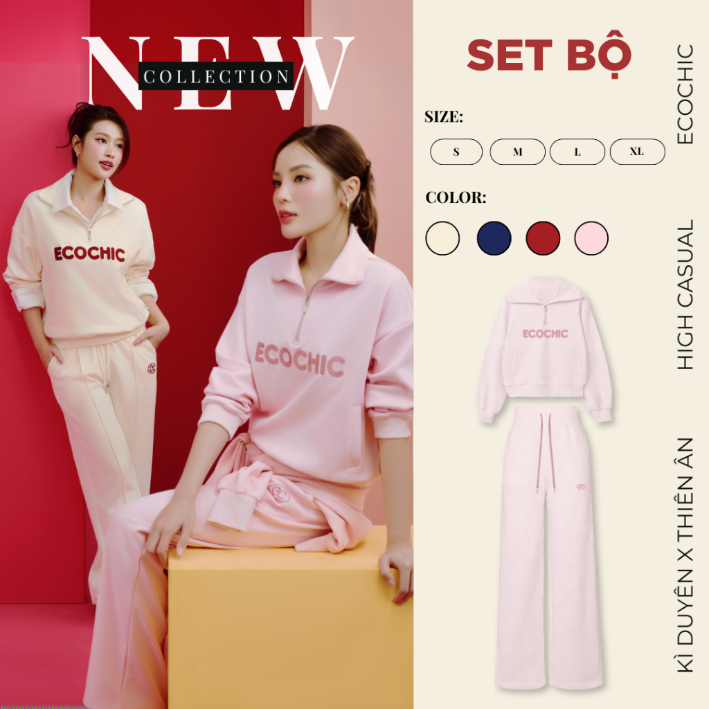 Set Bộ Dài ECOCHIC Áo Cổ Halfzip Logo Thêu Ngực Quần Suông Basic Dây Rút Chất Liệu Cao Cấp Chính Hãng B183