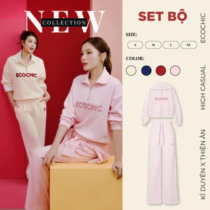 Set Bộ Dài ECOCHIC Áo Cổ Halfzip Logo Thêu Ngực Quần Suông Basic Dây Rút Chất Liệu Cao Cấp Chính Hãng B183