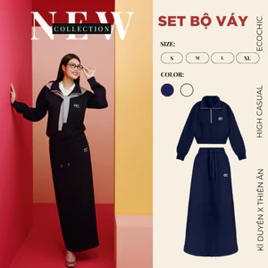 Set Bộ Váy ECOCHIC Áo Crop Halfzip Cổ Cao Logo Thêu Ngực Chân Váy Dài Chất Liệu Cao Cấp Mềm Mịn Chính Hãng B194