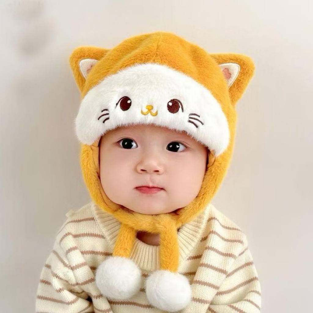 Mũ len tai mèo thỏ cho bé - Mũ có kèm dây buộc và bông pom