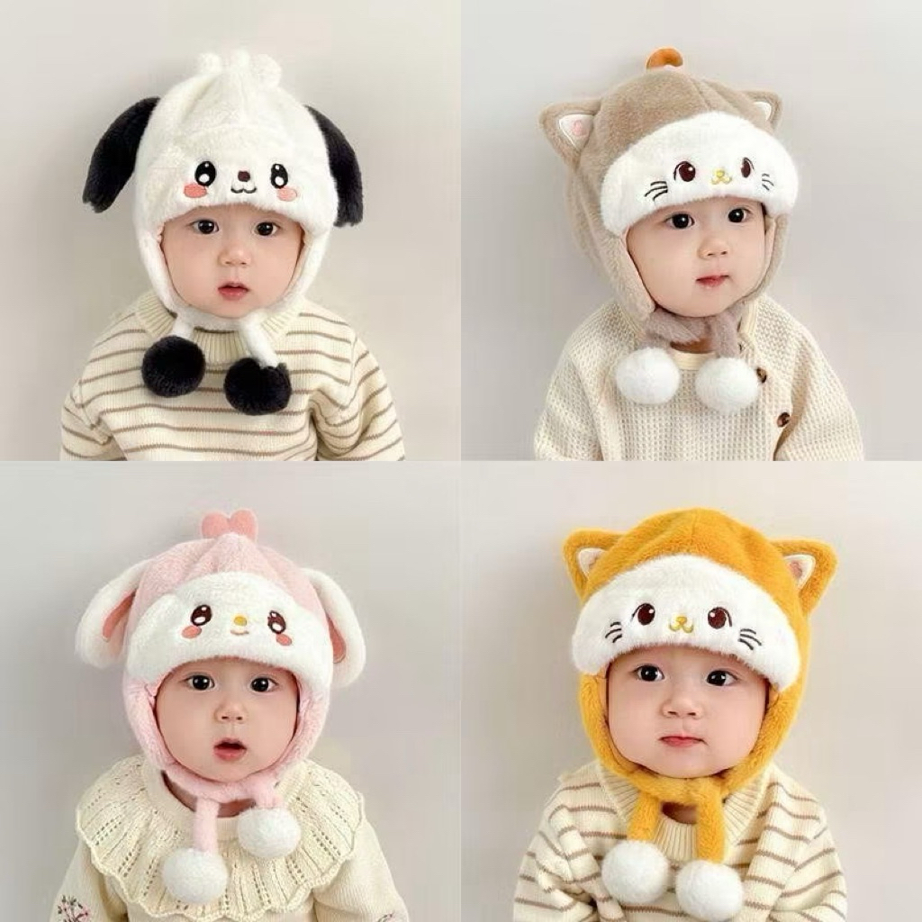 Mũ len tai mèo thỏ cho bé - Mũ có kèm dây buộc và bông pom