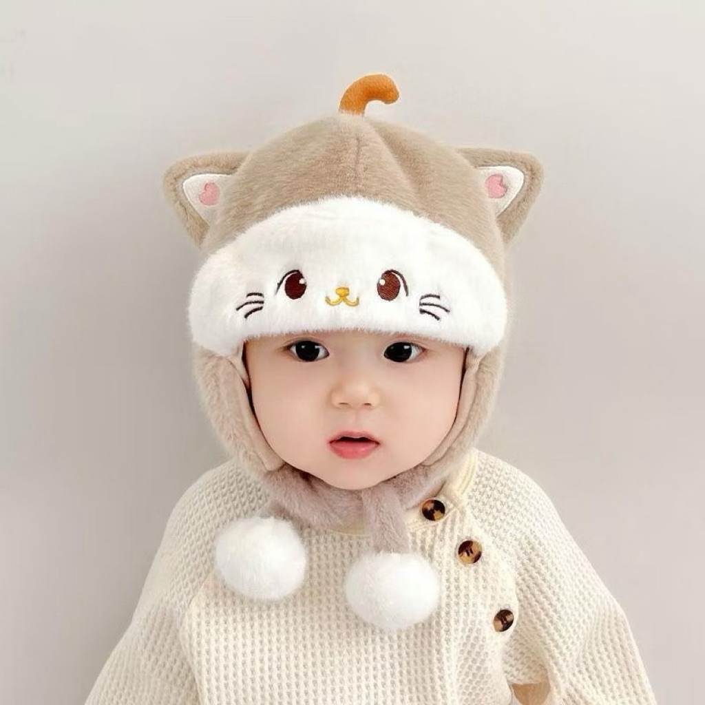 Mũ len tai mèo thỏ cho bé - Mũ có kèm dây buộc và bông pom