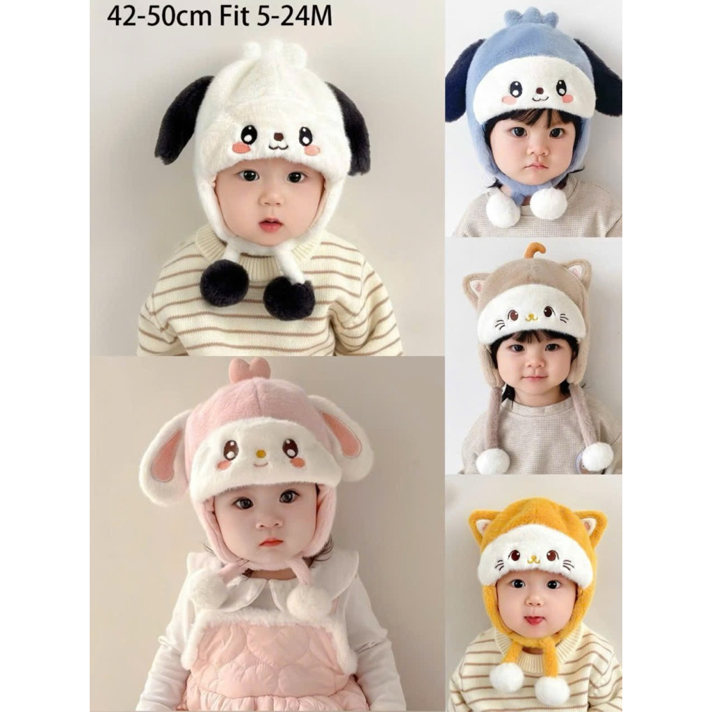Mũ len tai mèo thỏ cho bé - Mũ có kèm dây buộc và bông pom