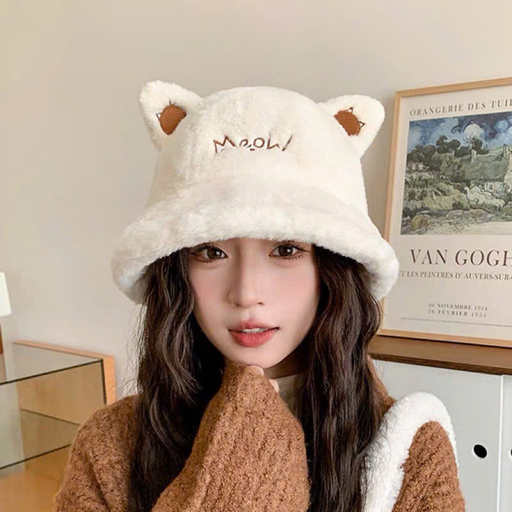 Mũ bucket lông tai mèo nữ - Mũ meow lông giữ ấm phong cách Hàn Quốc