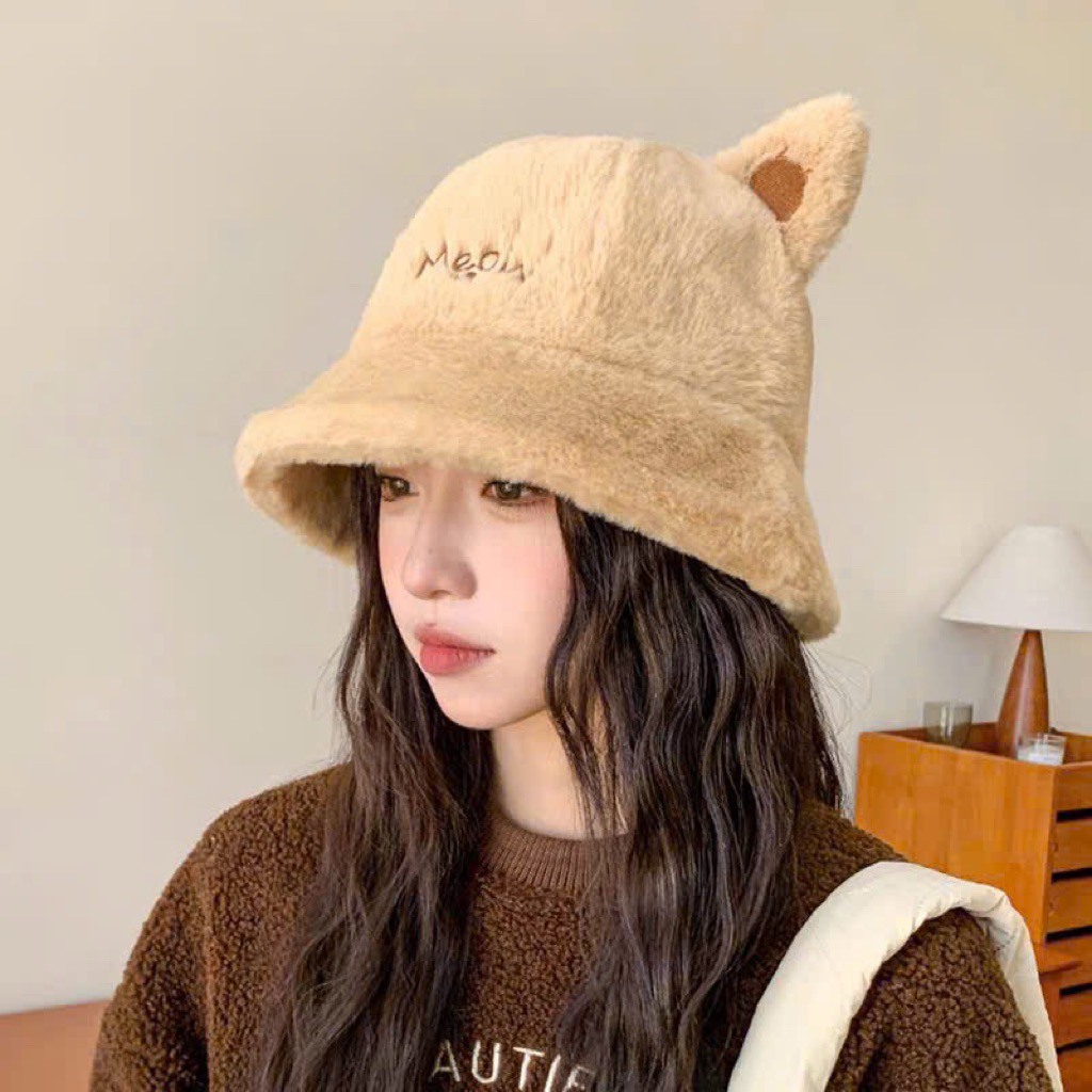 Mũ bucket lông tai mèo nữ - Mũ meow lông giữ ấm phong cách Hàn Quốc