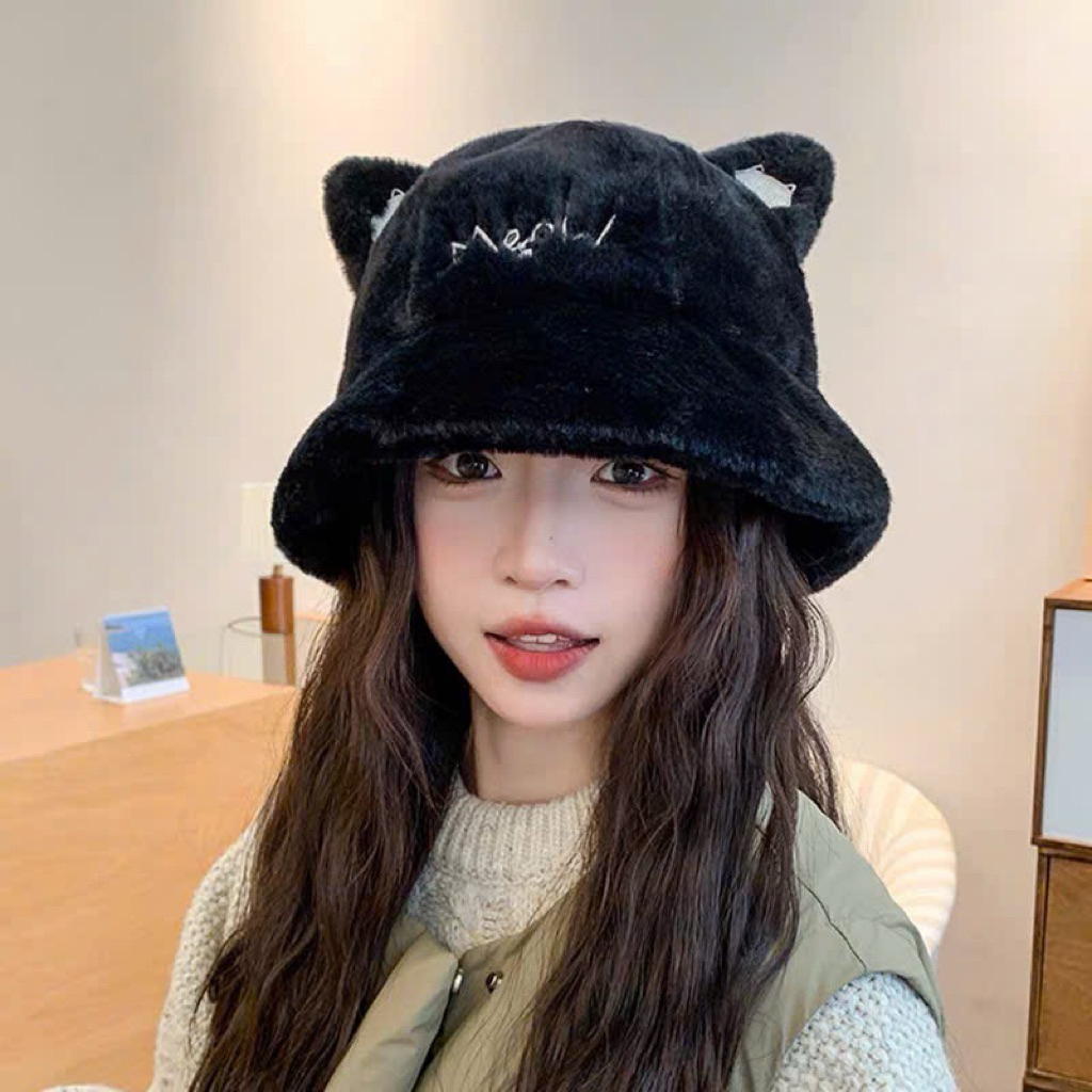 Mũ bucket lông tai mèo nữ - Mũ meow lông giữ ấm phong cách Hàn Quốc