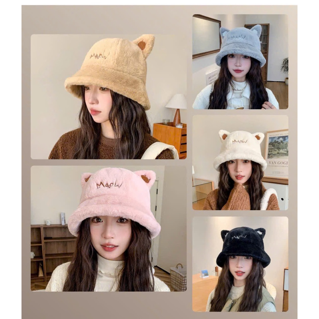 Mũ bucket lông tai mèo nữ - Mũ meow lông giữ ấm phong cách Hàn Quốc