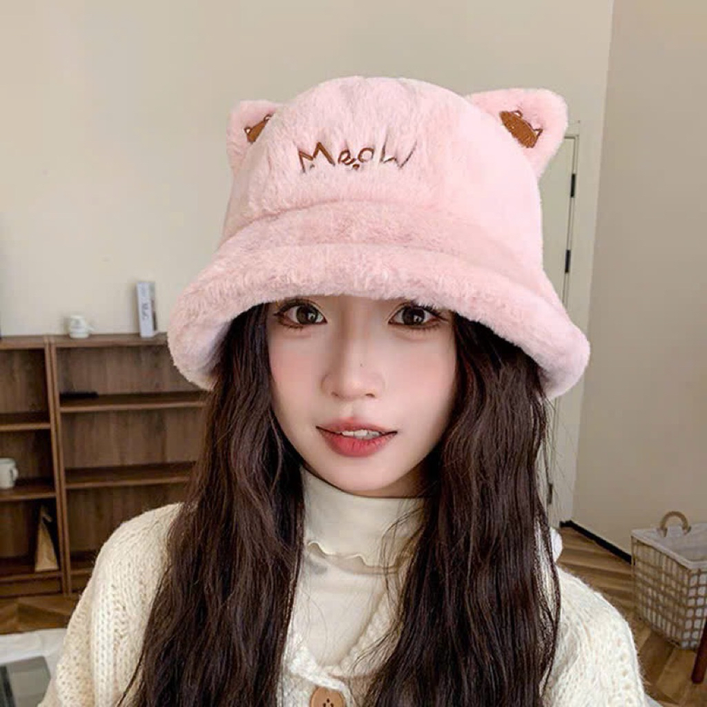 Mũ bucket lông tai mèo nữ - Mũ meow lông giữ ấm phong cách Hàn Quốc