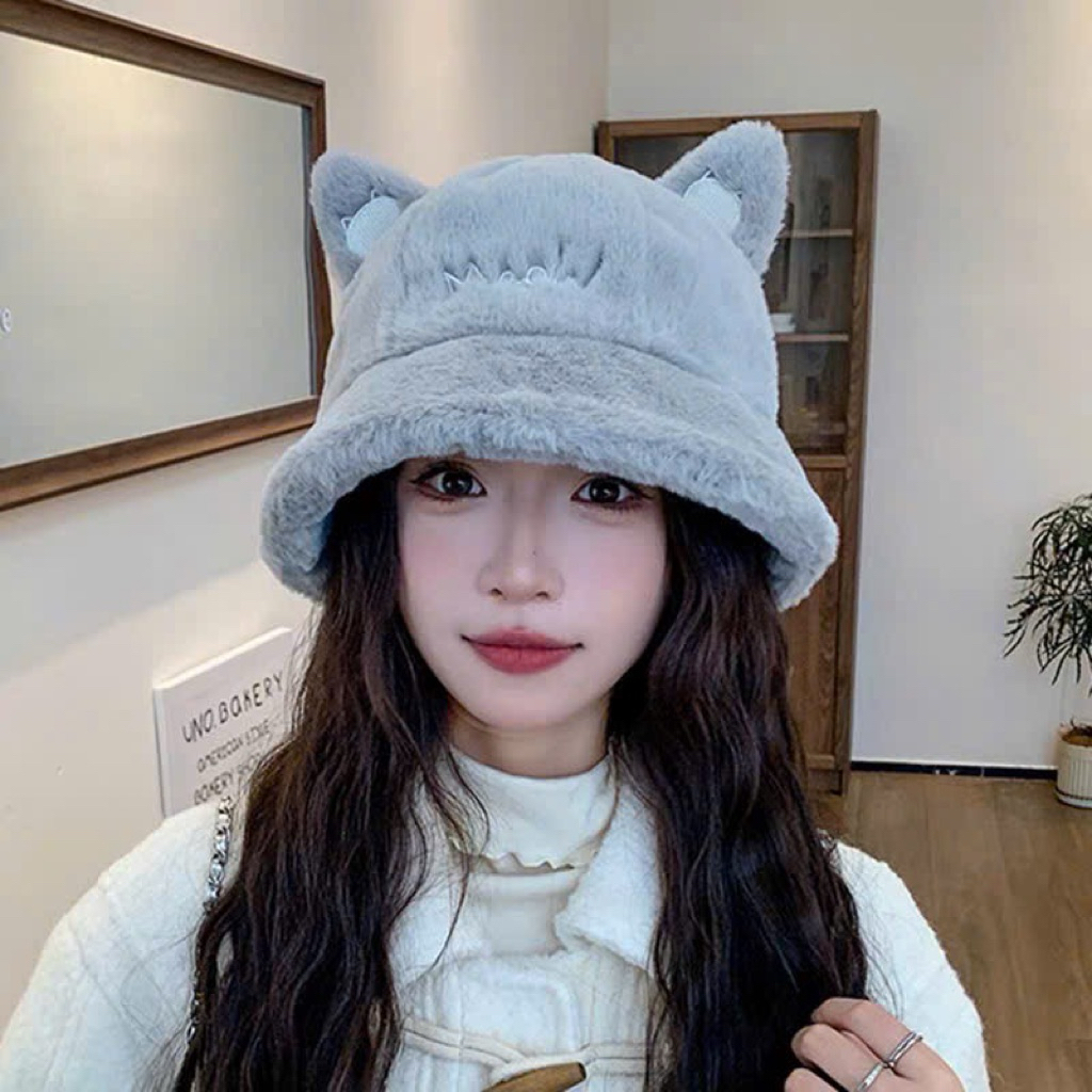 Mũ bucket lông tai mèo nữ - Mũ meow lông giữ ấm phong cách Hàn Quốc