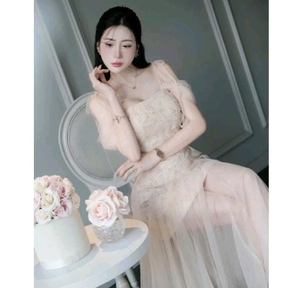 NTV BELEZA Đầm dự tiệc ren hoa phối lưới sang trọng quý phái 080