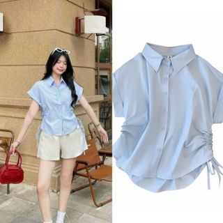 Áo sơ mi nữ cổ bẻ tay ngắn dáng rộng dây rút hai bên màu hồng xanh trắng VANISA CT178