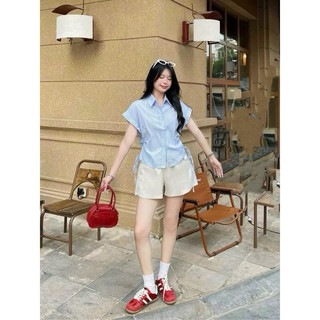 Áo sơ mi nữ cổ bẻ tay ngắn dáng rộng dây rút hai bên màu hồng xanh trắng VANISA CT178