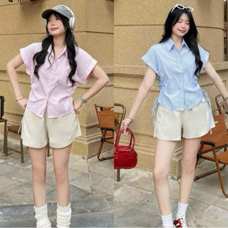 Áo sơ mi nữ cổ bẻ tay ngắn dáng rộng dây rút hai bên màu hồng xanh trắng VANISA CT178