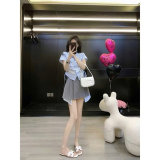 Áo sơ mi nữ cổ bẻ tay ngắn dáng rộng dây rút hai bên màu hồng xanh trắng VANISA CT178