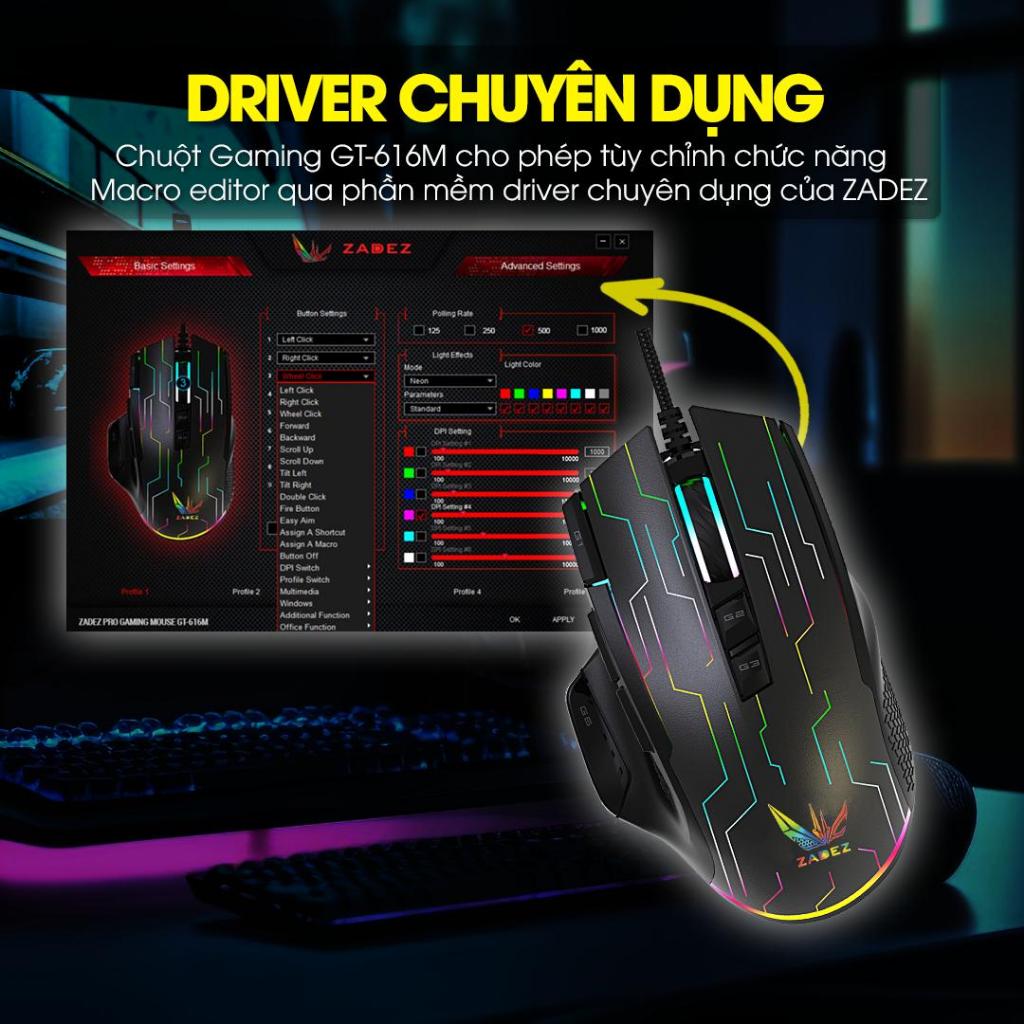 Chuột Gaming Có Dây ZADEZ GT-616M - 7.200 DPI Max, Cảm Biến PixArt PMW3330, IPS 150 inch/sec