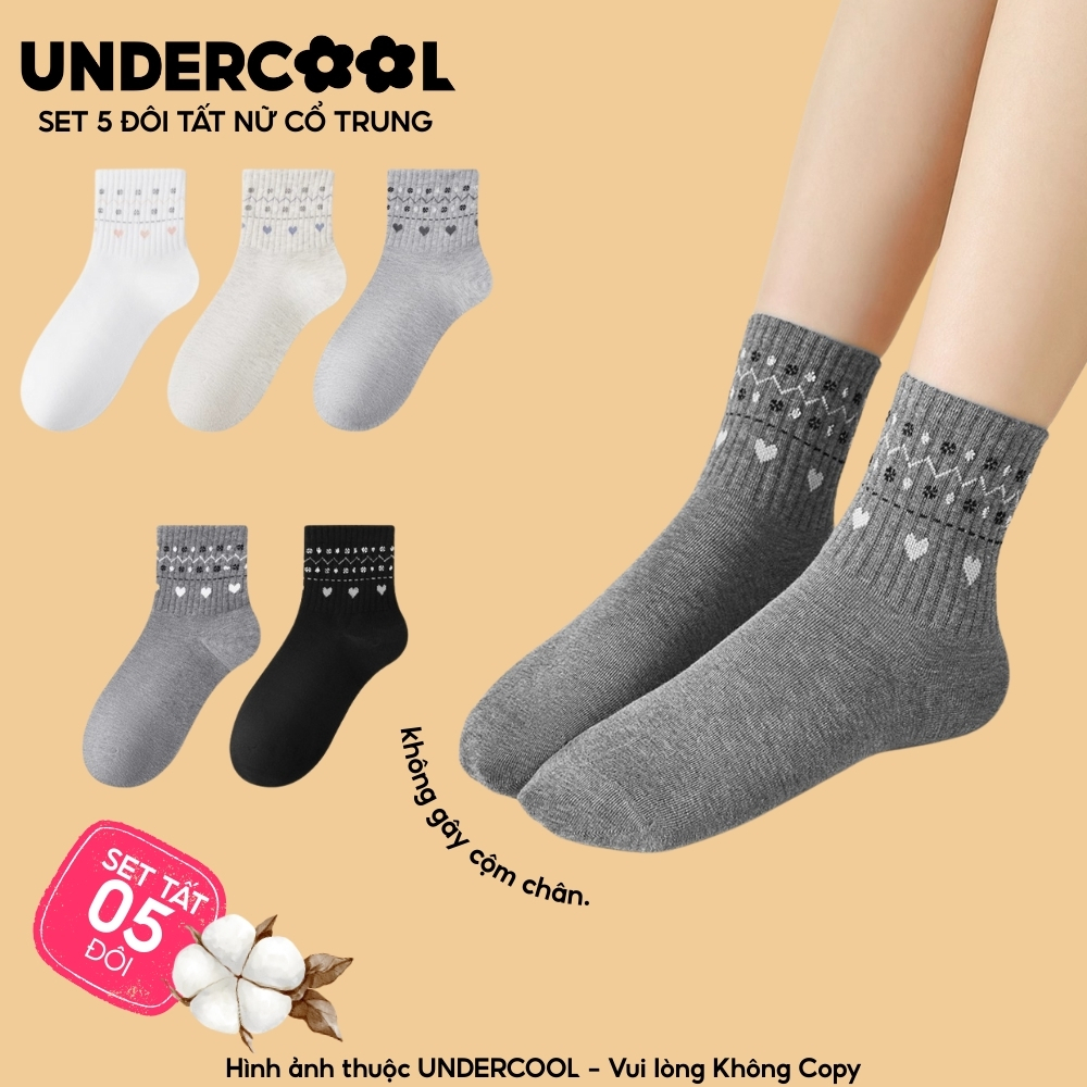 Set 5 đôi tất nữ cổ trung cotton, họa tiết trái tim dễ thương UNDERCOOL Combo 5 đôi Tất cổ trung nữ Hàn Quốc CB-TC106