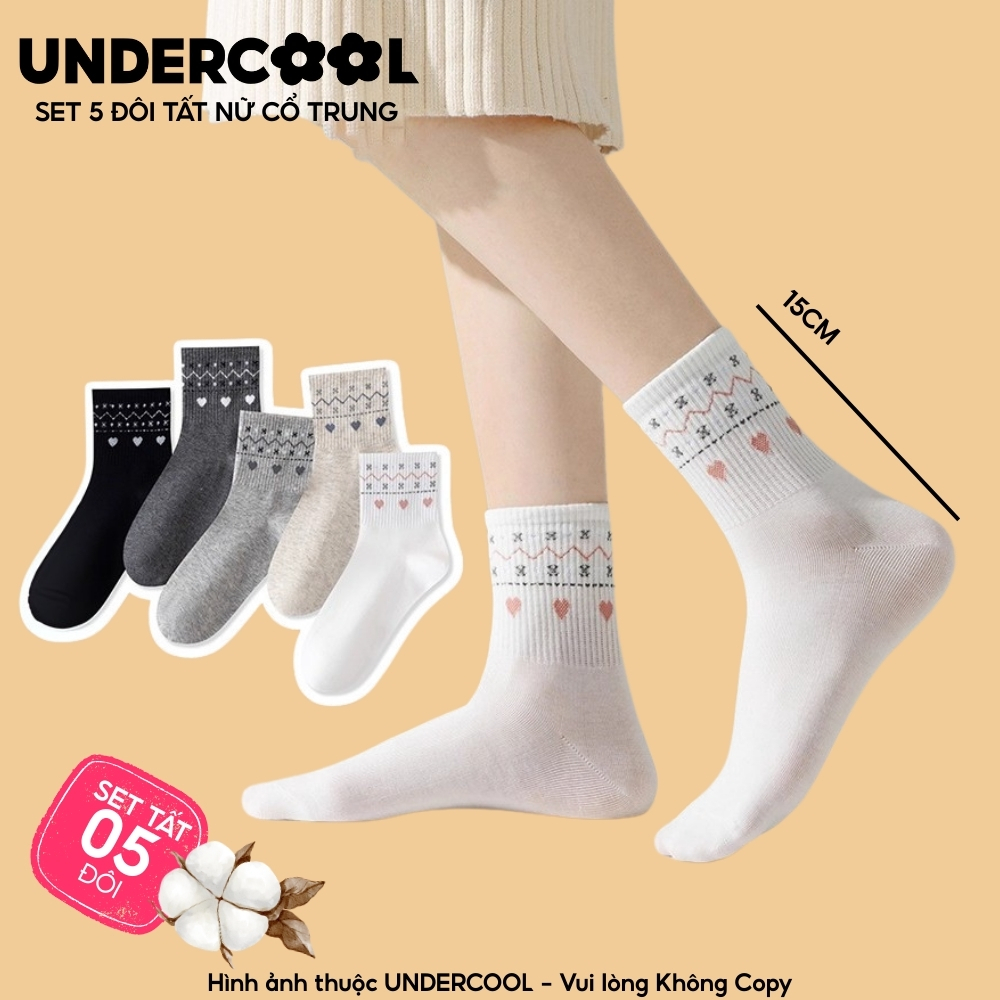 Set 5 đôi tất nữ cổ trung cotton, họa tiết trái tim dễ thương UNDERCOOL Combo 5 đôi Tất cổ trung nữ Hàn Quốc CB-TC106