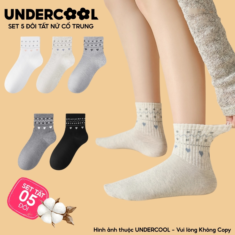 Set 5 đôi tất nữ cổ trung cotton, họa tiết trái tim dễ thương UNDERCOOL Combo 5 đôi Tất cổ trung nữ Hàn Quốc CB-TC106