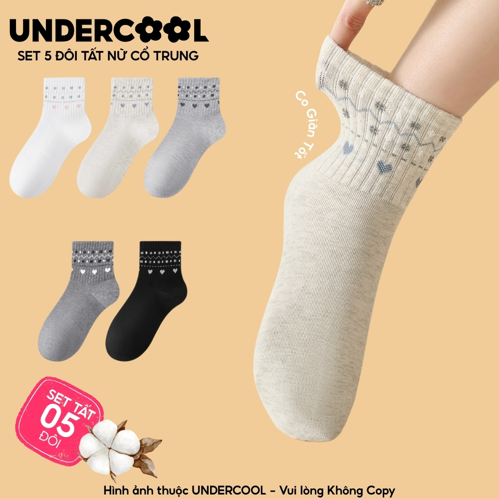 Set 5 đôi tất nữ cổ trung cotton, họa tiết trái tim dễ thương UNDERCOOL Combo 5 đôi Tất cổ trung nữ Hàn Quốc CB-TC106
