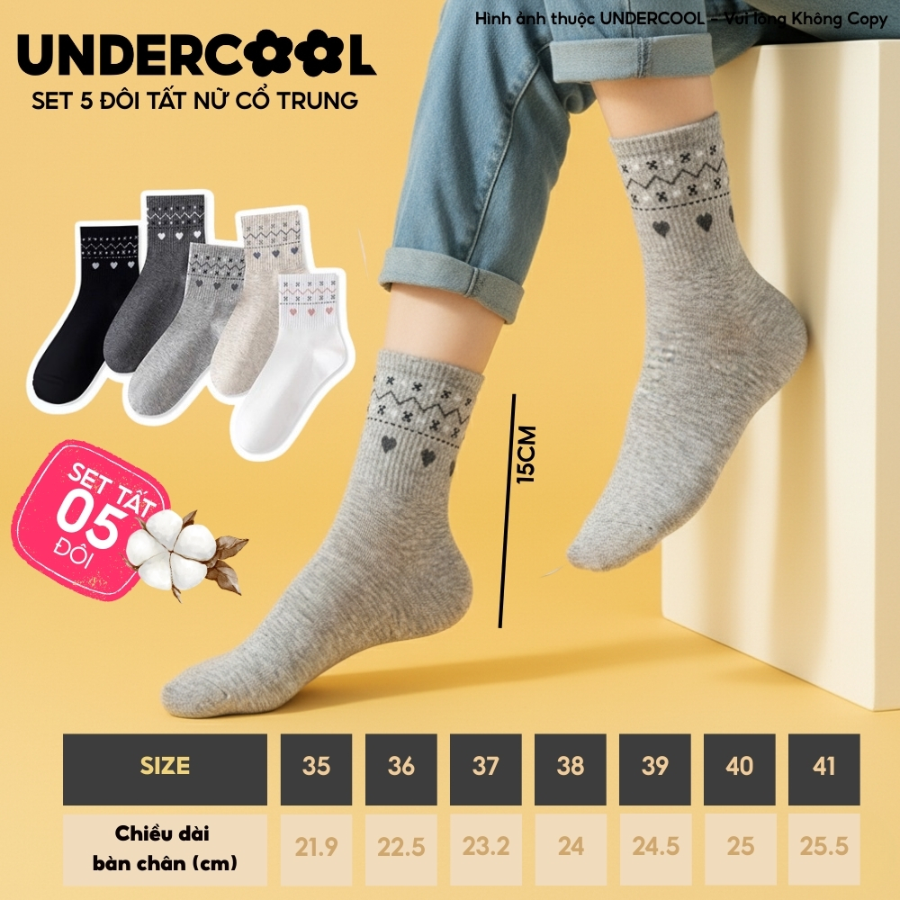 Set 5 đôi tất nữ cổ trung cotton, họa tiết trái tim dễ thương UNDERCOOL Combo 5 đôi Tất cổ trung nữ Hàn Quốc CB-TC106