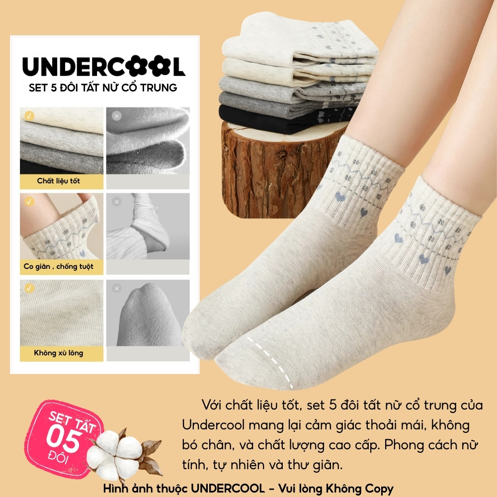Set 5 đôi tất nữ cổ trung cotton, họa tiết trái tim dễ thương UNDERCOOL Combo 5 đôi Tất cổ trung nữ Hàn Quốc CB-TC106