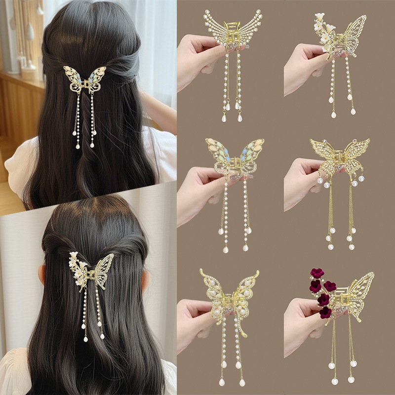Kẹp tóc bướm đính pha lê ngọc trai — phong cách cổ trang