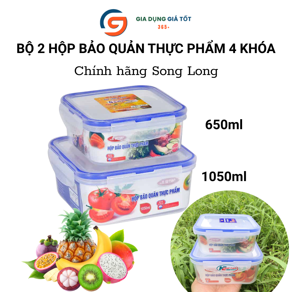 Bộ 2 hộp đựng thực phẩm Song Long có nắp kín hơi - hộp bảo quản đồ ăn tủ lạnh, mang cơm tiện lợi