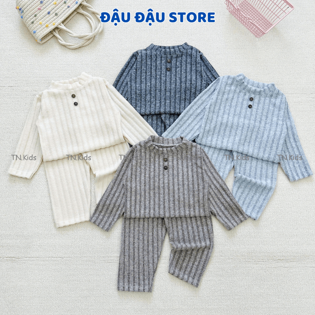 (Set 2-3) Bộ dài tay len lông xù, len tăm đũa cổ cao giữ ấm cho bé trai bé gái 5-15kg co giãn 4 chiều - Đậu Đậu Store