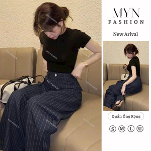 Quần Jeans Giấy Kẻ Sọc L1 Ống Rộng Màu Xanh Than Cạp Cao Tôn Dáng Chất Dày Dặn Dễ Phối Đồ [MYN51]