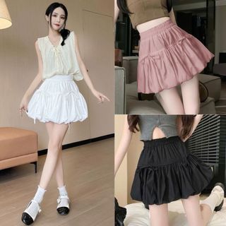 Chân váy bí ngô vải đũi có quần bảo hộ dáng phồng nhẹ màu trắng đen hồng VANISA CV040