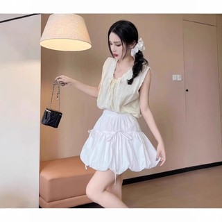 Chân váy bí ngô vải đũi có quần bảo hộ dáng phồng nhẹ màu trắng đen hồng VANISA CV040
