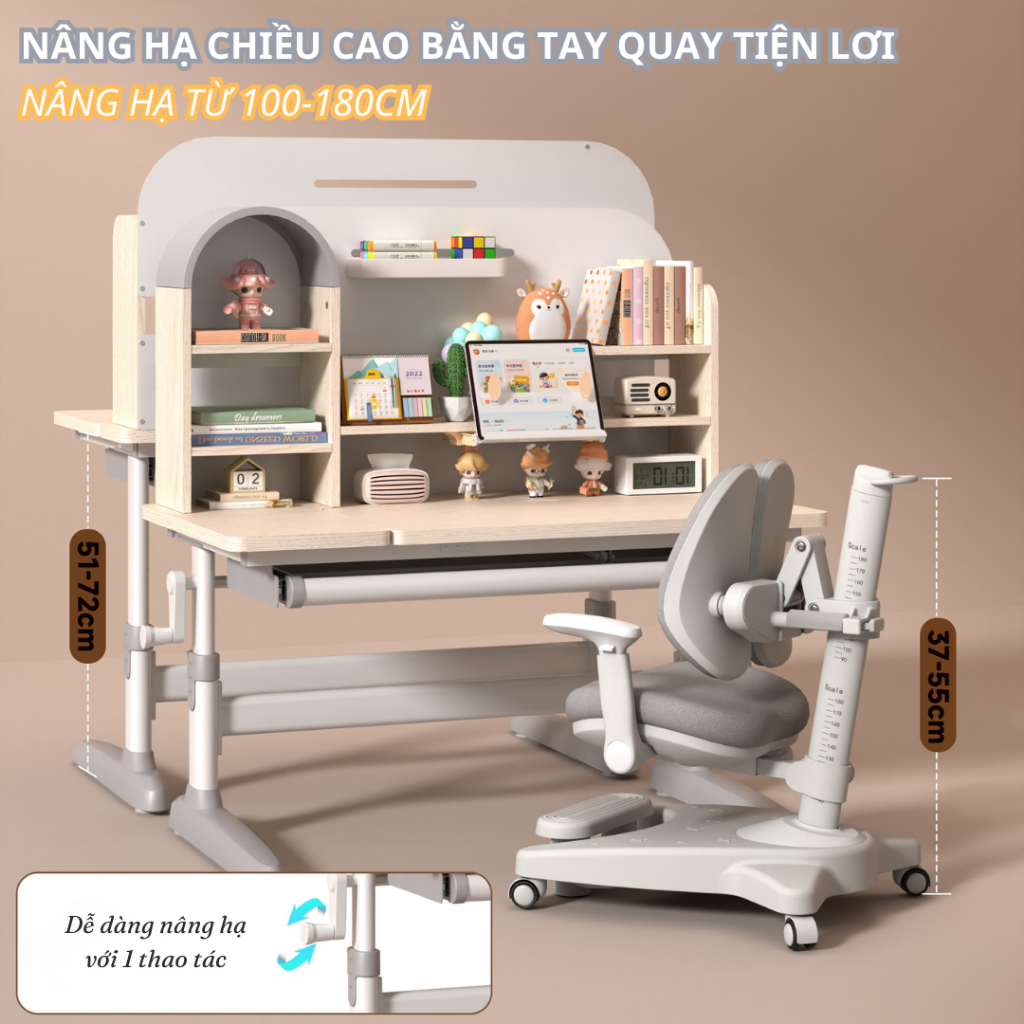 Bàn học chống gù gỗ tự nhiên cao cấp A120 size lớn 120cm nâng hạ độ cao tay quay, điều chỉnh nghiêng dễ dàng
