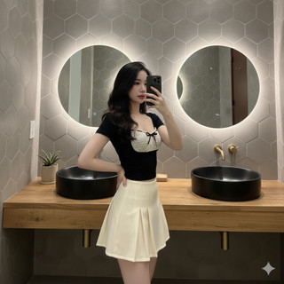 Áo croptop ngắn tay chất thun tăm co giãn cổ vuông ren ngực phối nơ form ôm 2 màu VANISA CT096