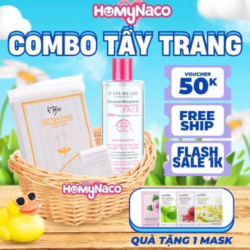 Combo TẨY TRANG: Nước tẩy trang Maycreate 300ml + Bông Tẩy Trang siêu mềm dai 222 miếng Cotton Pads - Combo HOMYnaco